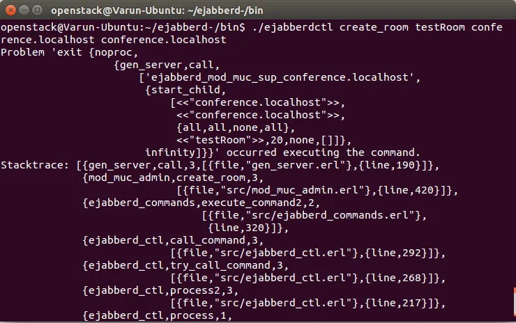 Stacktrace when using ejabberdctl create_room