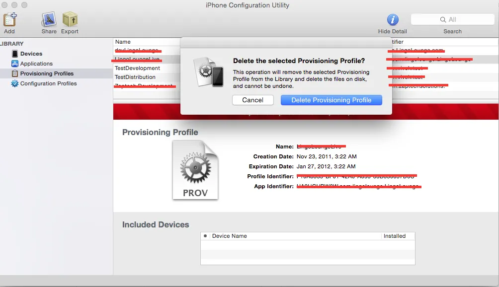 Image shows for deleting provisioning profile.