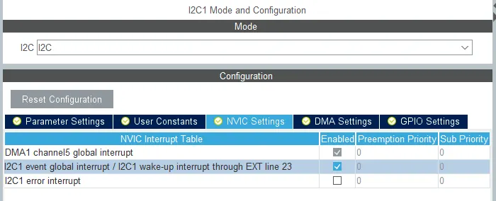 My CubeMX configuration, notice that the event interrupt is checked