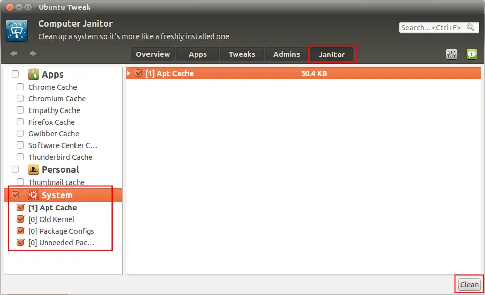 Ubuntu tweak showing janitor