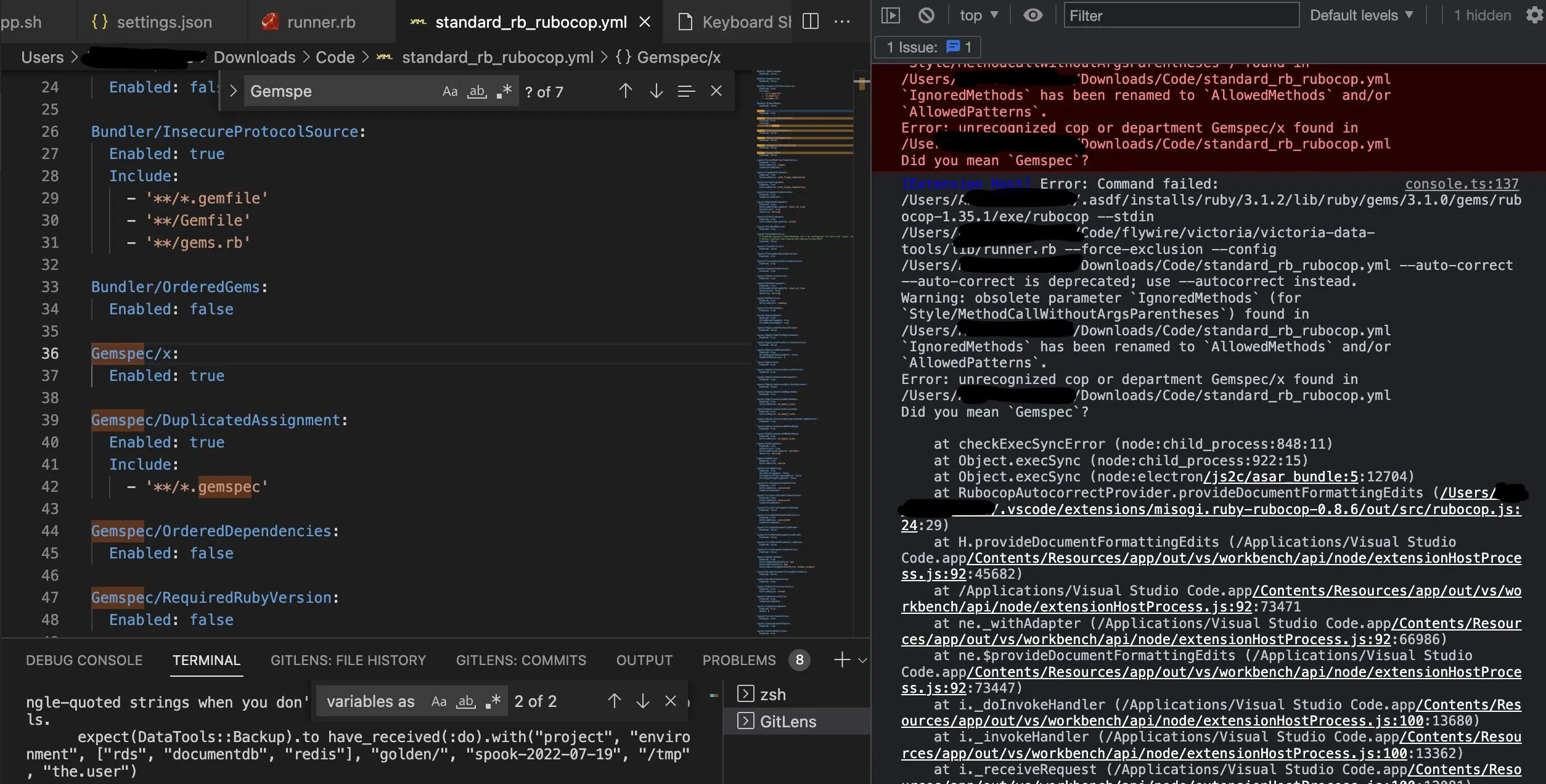 Screenshot of VS Code with Debug Console