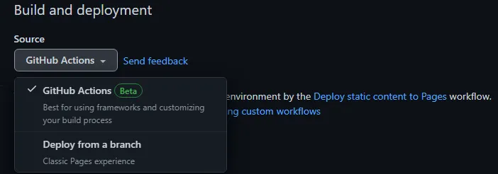 Go to the Github Pages Settings tab and now change the source to "Github Actions"