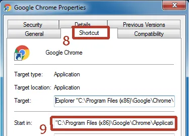Google Chrome shortcut - Folder path