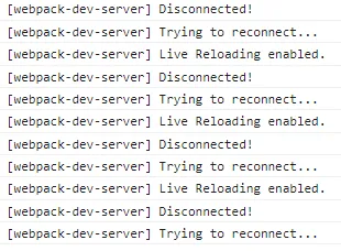 Console log: Disconnected!, Trying to reconnect..., Live Reloading enabled.