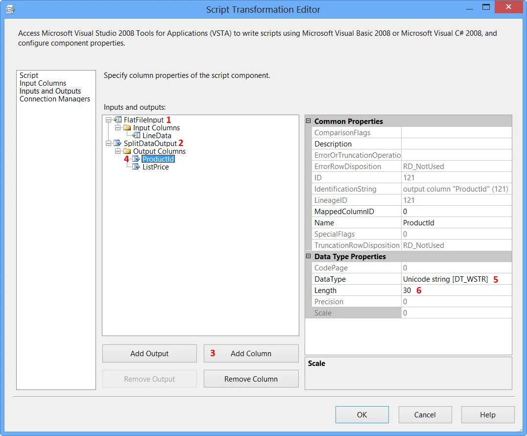 Script Transformation Editor - Inputs and Outputs - ProductId