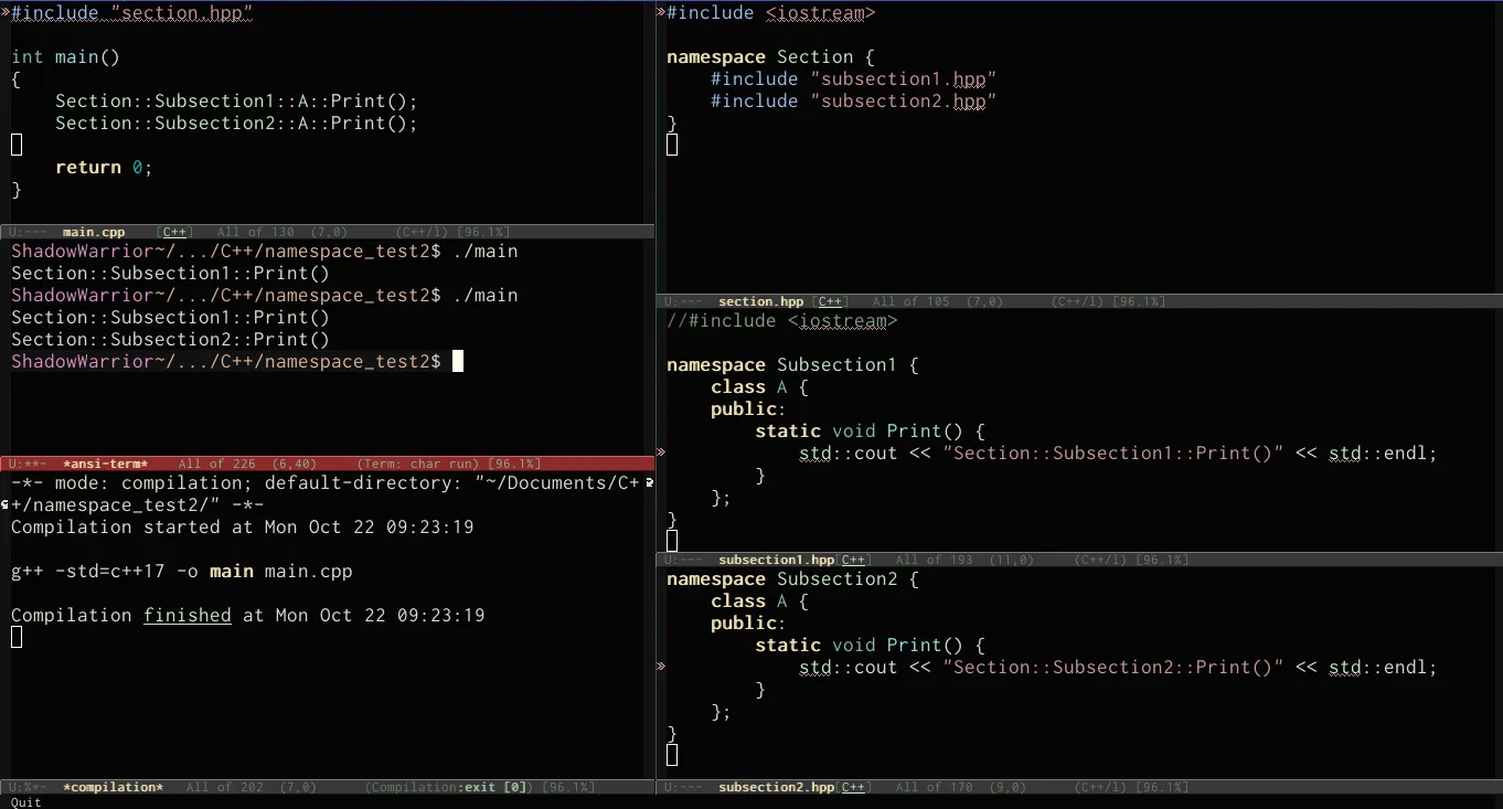 Emacs buffers showing main file, namespace files, compilation command/result, and command-line execution.