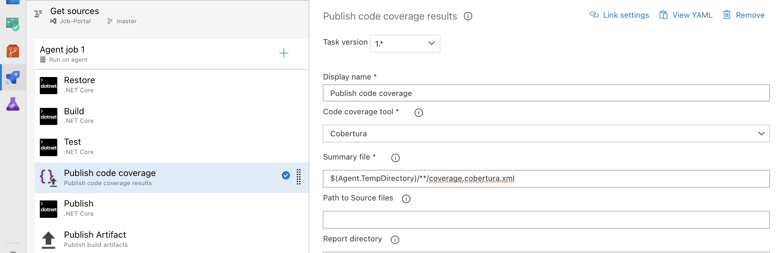 dotnet test task config in pipeline