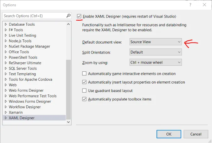 VS 2017 Options Dialog to set Default document view to Source View or to disable XAML Designer