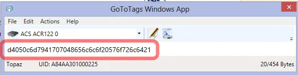 GoToTags showing the binary data stored in the NDEF tag