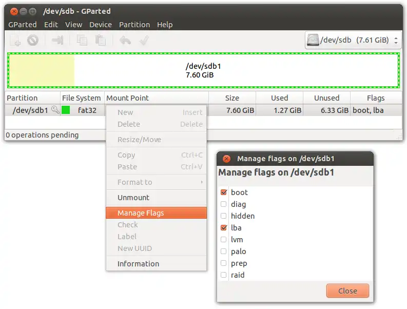 GParted showing how to manage partition flags