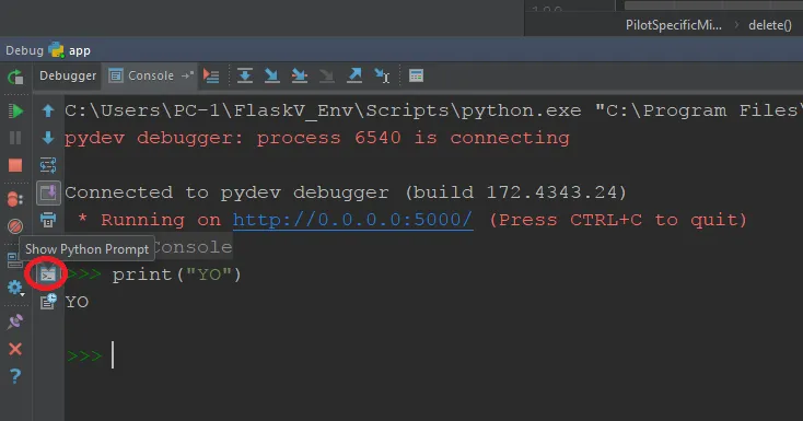 PyCharm interactive debugging console