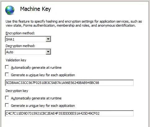 Machine Key configuration page from IIS 7 administration tool