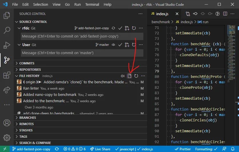 vscode screenshot of button to toggle looking at git blame history of an entire file or for a single line
