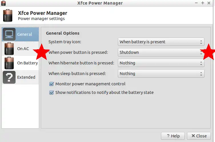 Xfce Power Manager General Options screen with power button setting indicated by red stars.