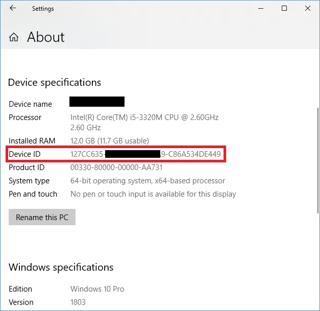 Windows 10 Device ID
