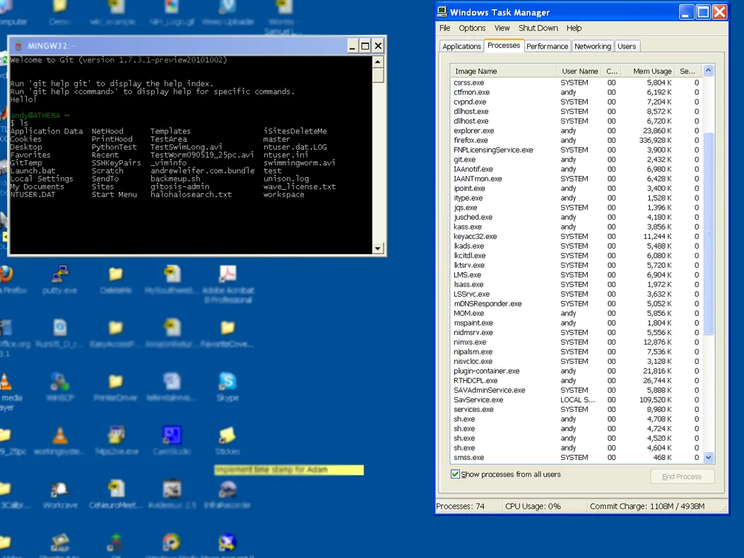 Here I am waiting for ls to return and you can see the task manager has git.exe running and four instances of sh.exe