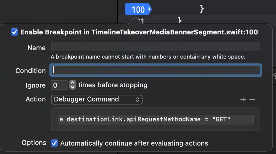 Screenshot of example breakpoint with expression command
