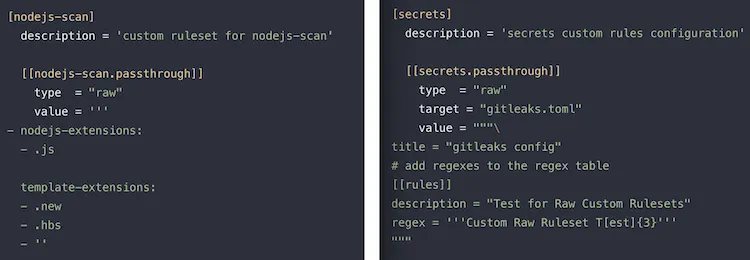 https://about.gitlab.com/images/13_5/custom-rulesets-example-13.5.png -- Customizing SAST & Secret Detection rules