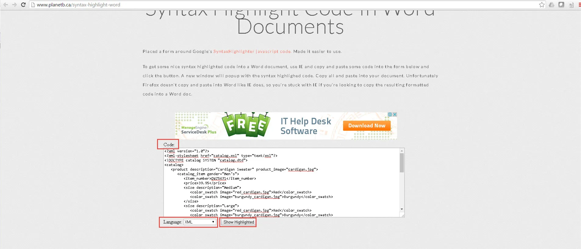 Image shows a sample xml being pasted in the textarea, language selected as XML and the button.