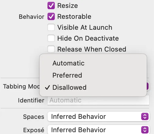 Properties for NSWindow showing "Tabbing Mode" set to "Disallowed"