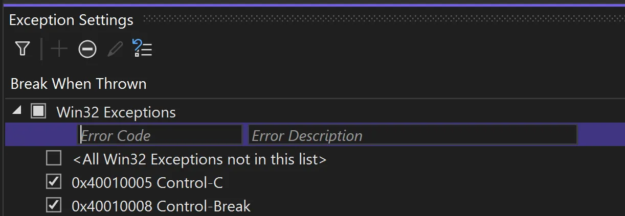 Add a new exception under Win32 Exceptions