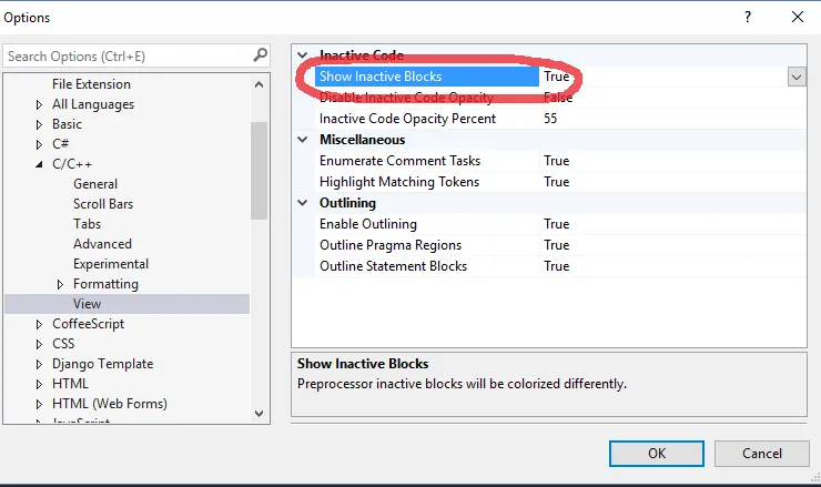Screen capture of C++ settings for Visual studio Editor