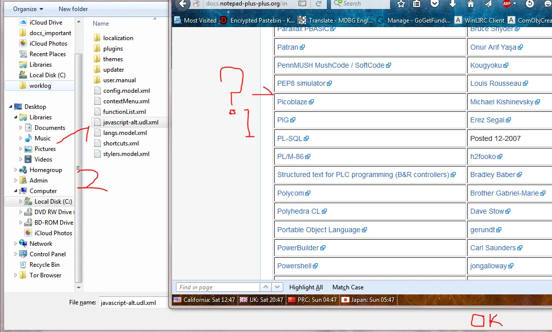 A partial URI is shown; an arrow and question mark indicate that PHP has not been contributed; the Javascript UDF file is indicated by a second arrow; "activate the okay button" is indicated by a third arrow.