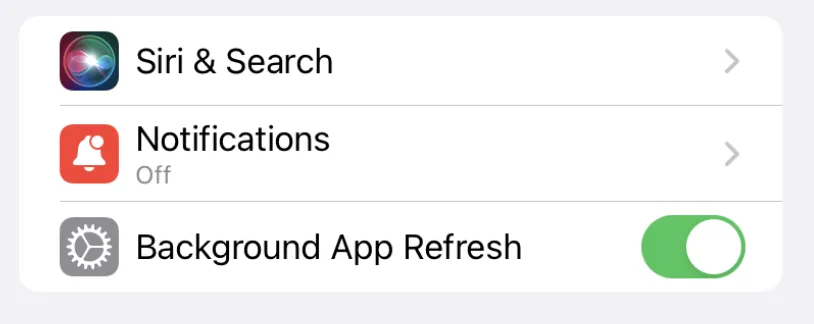 App settings now showing notifications section along with Siri and Search and Background App Refresh