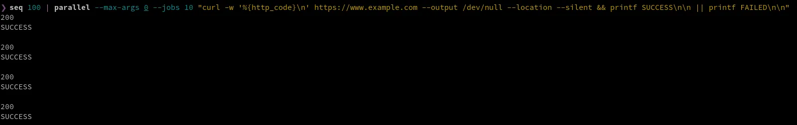 example output of using GNU Parallel to Curl