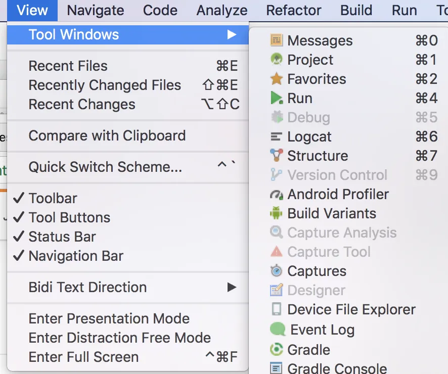 the menu path to open the Android Profiler tool in Android Studio