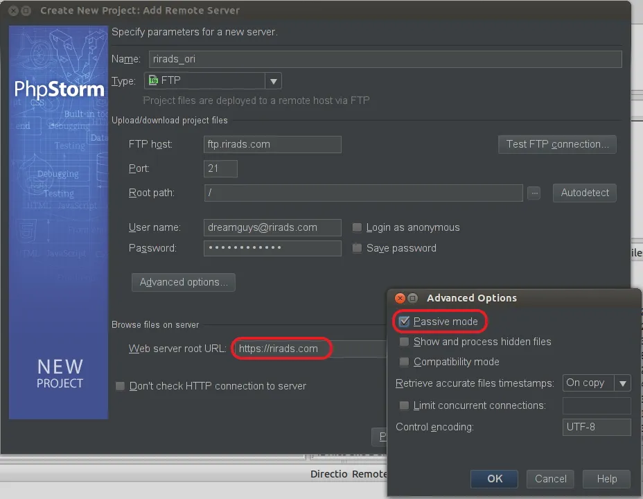 Setting FTP connection and Advanced - Passive mode