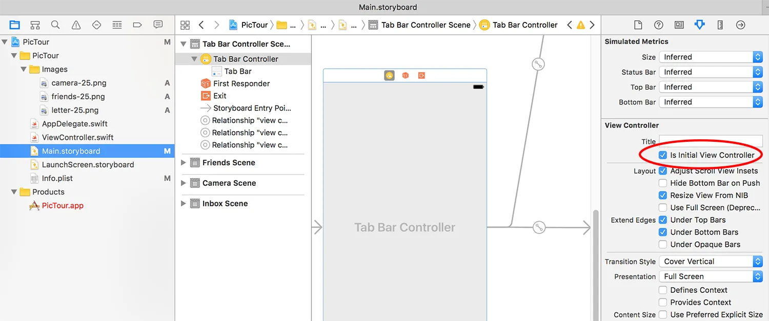 Is Initial View Controller in the Attributes Inspector.