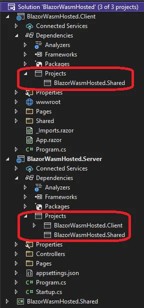 Blazor WebAssembly App with Asp.Net Core Hosted selected project structure