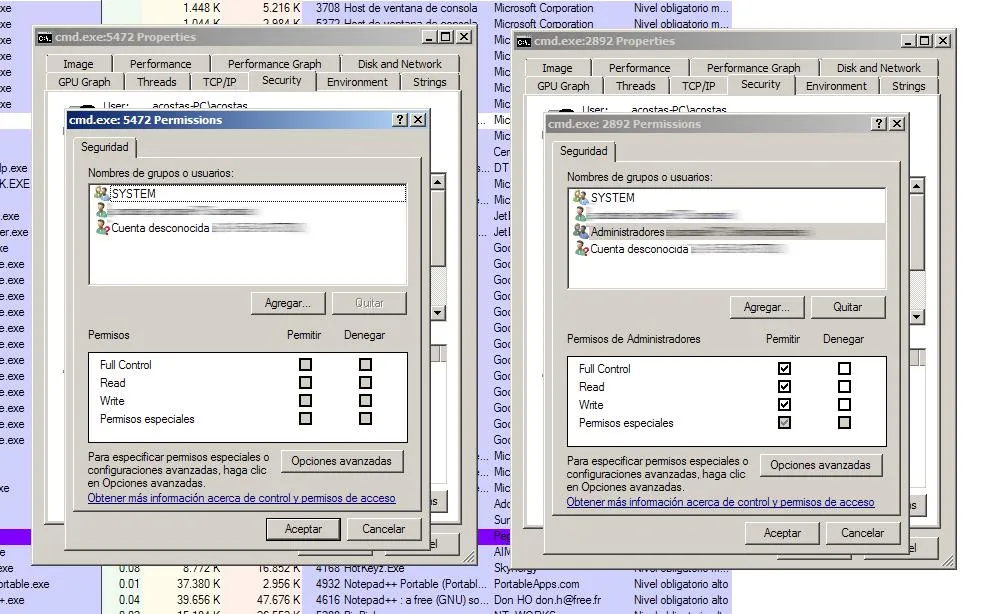 Process Explorer screenshot showing differences on user permissions over the processes