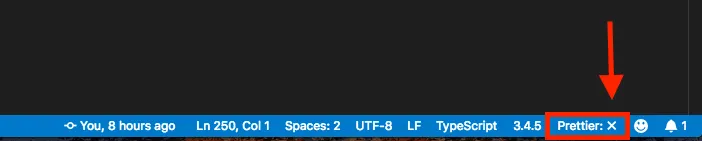 A screenshot of the bottom right corner of the VS Code window, capturing the status bar in this region. One option is "Prettier," which has an X next to it indicating that errors are present.