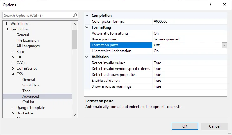 Options Panel to turn off automatic CSS formatting on paste in Visual Studio 2017