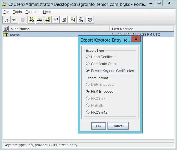 Export PEM private key from JKS with Portcle