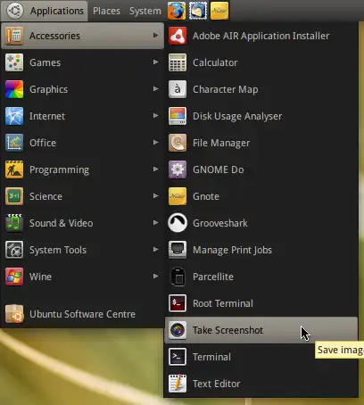 Take Screenshot option in Accessories in Applications menu