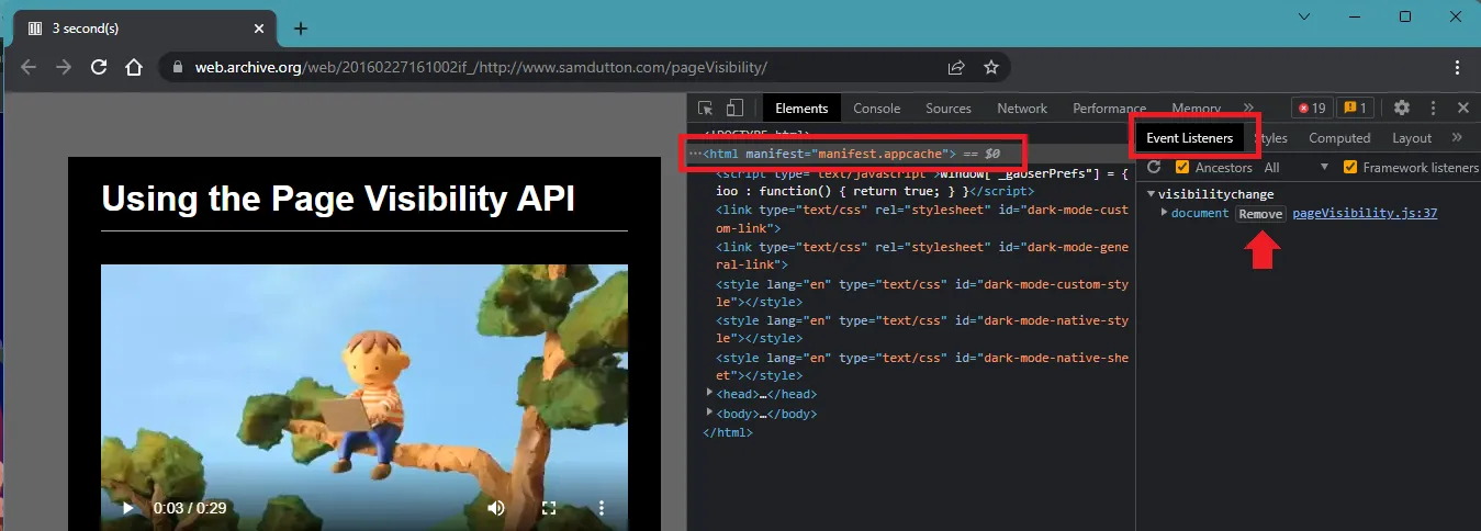 Screenshot showing how to remove the visibilitychange-event, in Google Chrome