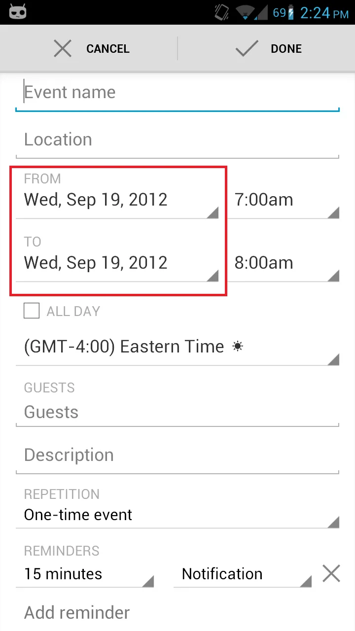 Android日历应用程序的屏幕截图，突出显示所需的GUI元素