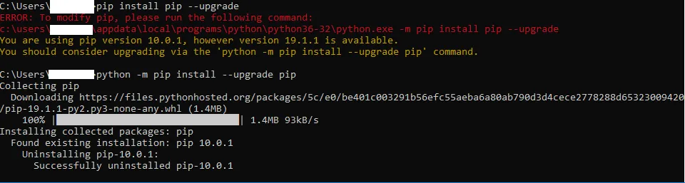 CMD : Upgrading PIP in Python 36