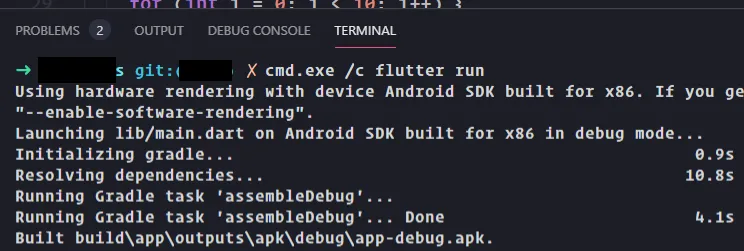 在VS Code终端上执行"cmd.exe /c flutter run"命令