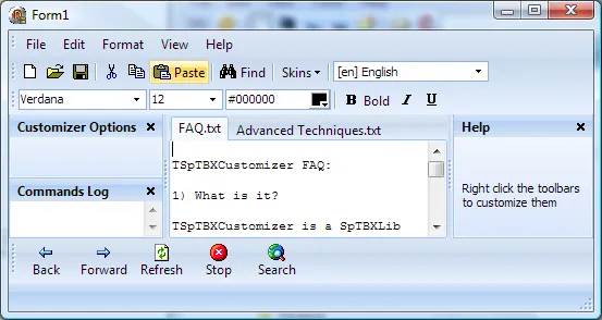 One of the demo SpTBX applications with the Office 2007 Blue skin