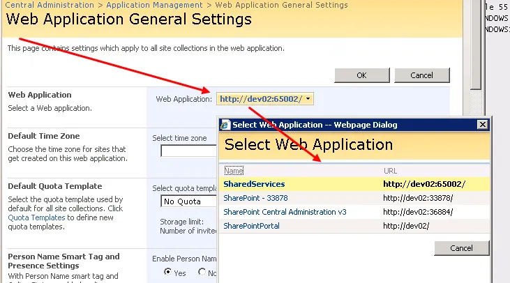 changing the selected Web Application