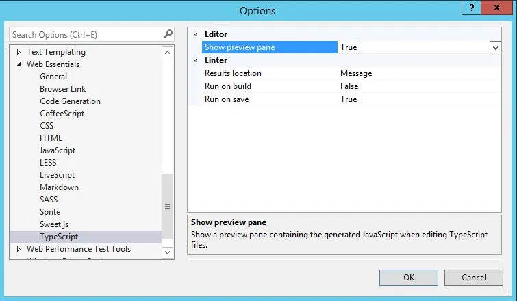显示高亮预览窗格的Web Essentials TypeScript选项对话框截图
