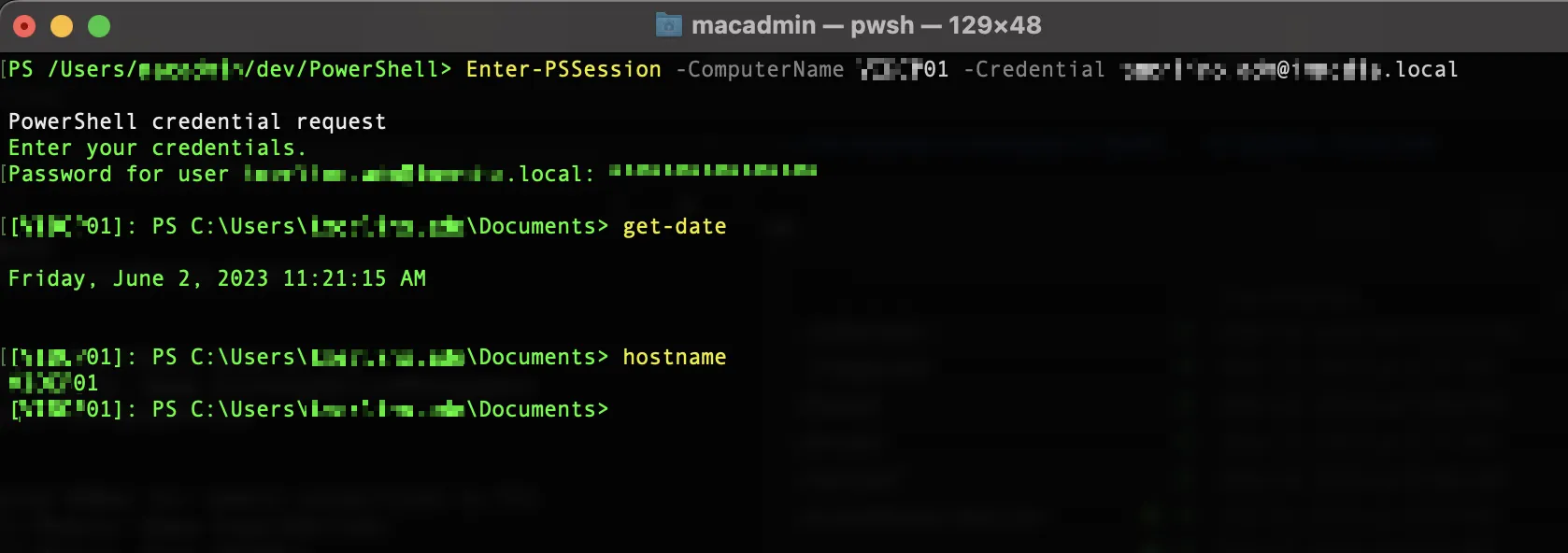 Screenshot of successful PowerShell connection from Mac to PC