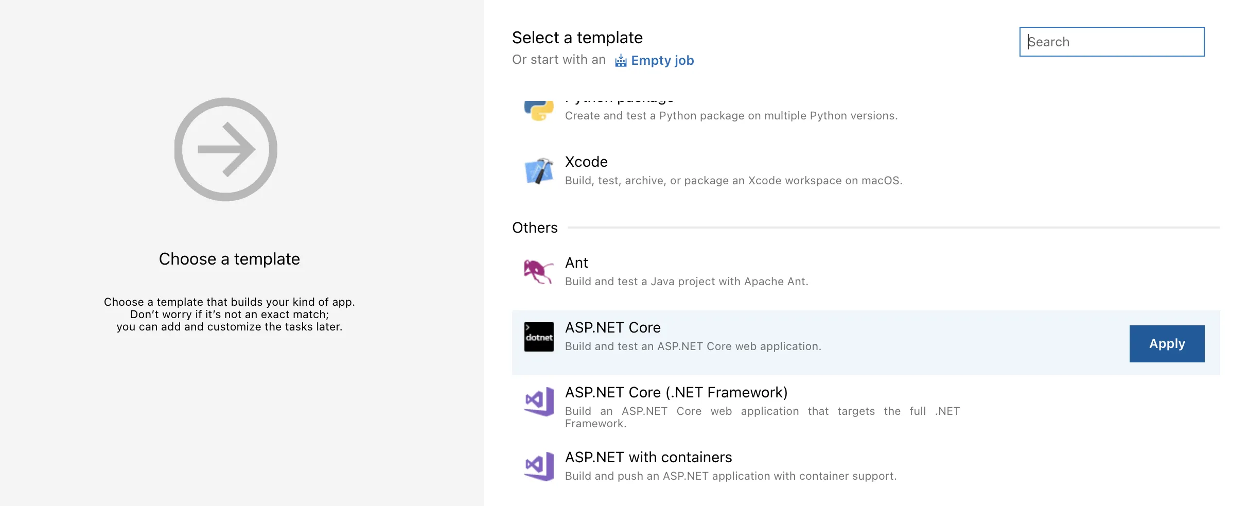 select dotnet core pipeline template