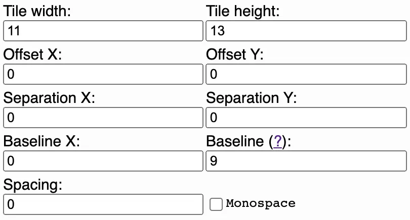 Tile width, offset, separation, baseline, and spacing