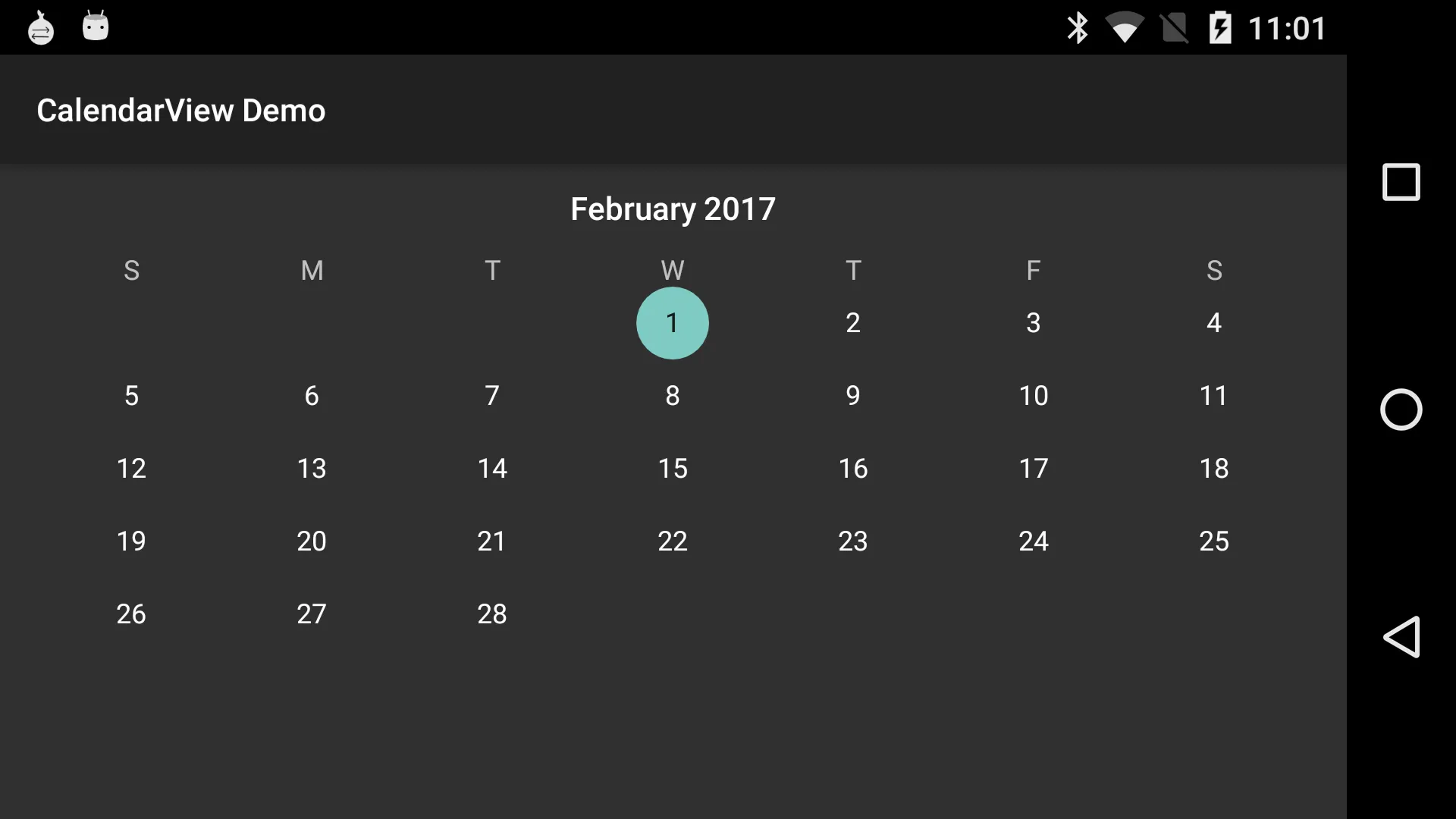 在运行Android 6的Nexus 5上锁定到2017年2月的CalendarView