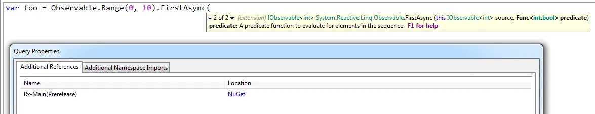 sshot of linqpad using rx 2.0 and firstasync